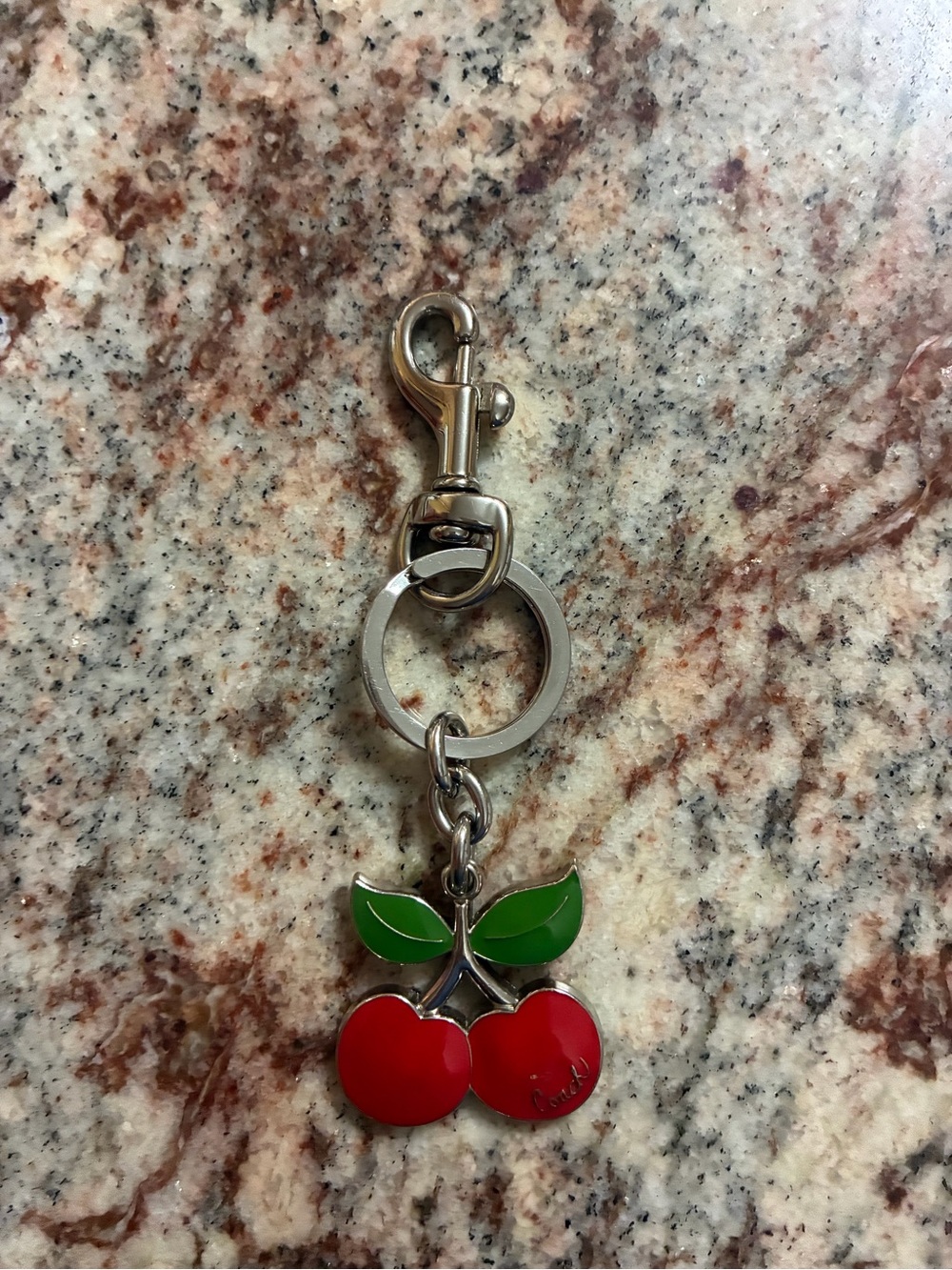 Coach Red Cherry Enamel Keychain with Green Leaves